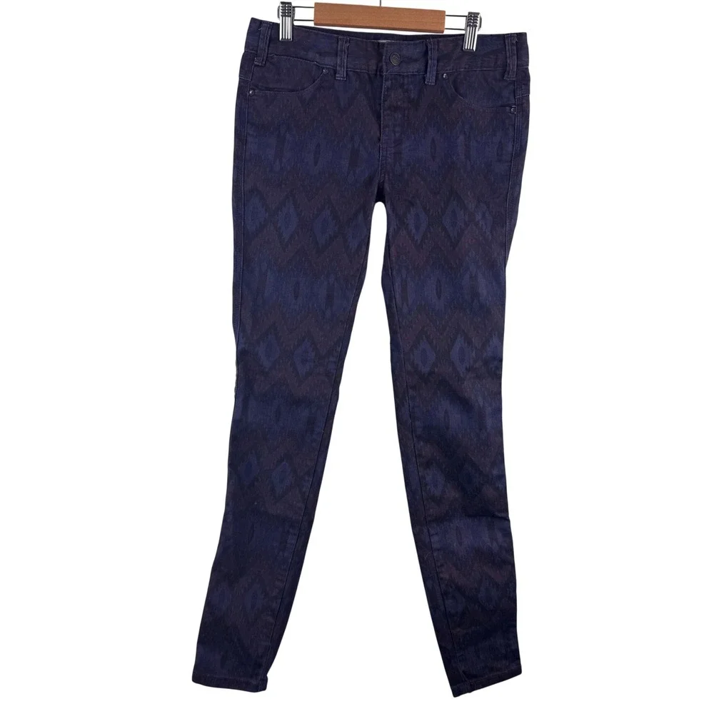 Free People Jeans Women 27 Purple Geometric Ikat Pattern Skinny Slim Boho Indigo